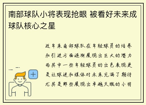 南部球队小将表现抢眼 被看好未来成球队核心之星