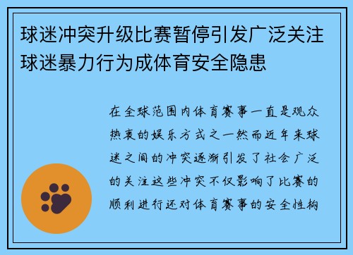 球迷冲突升级比赛暂停引发广泛关注球迷暴力行为成体育安全隐患